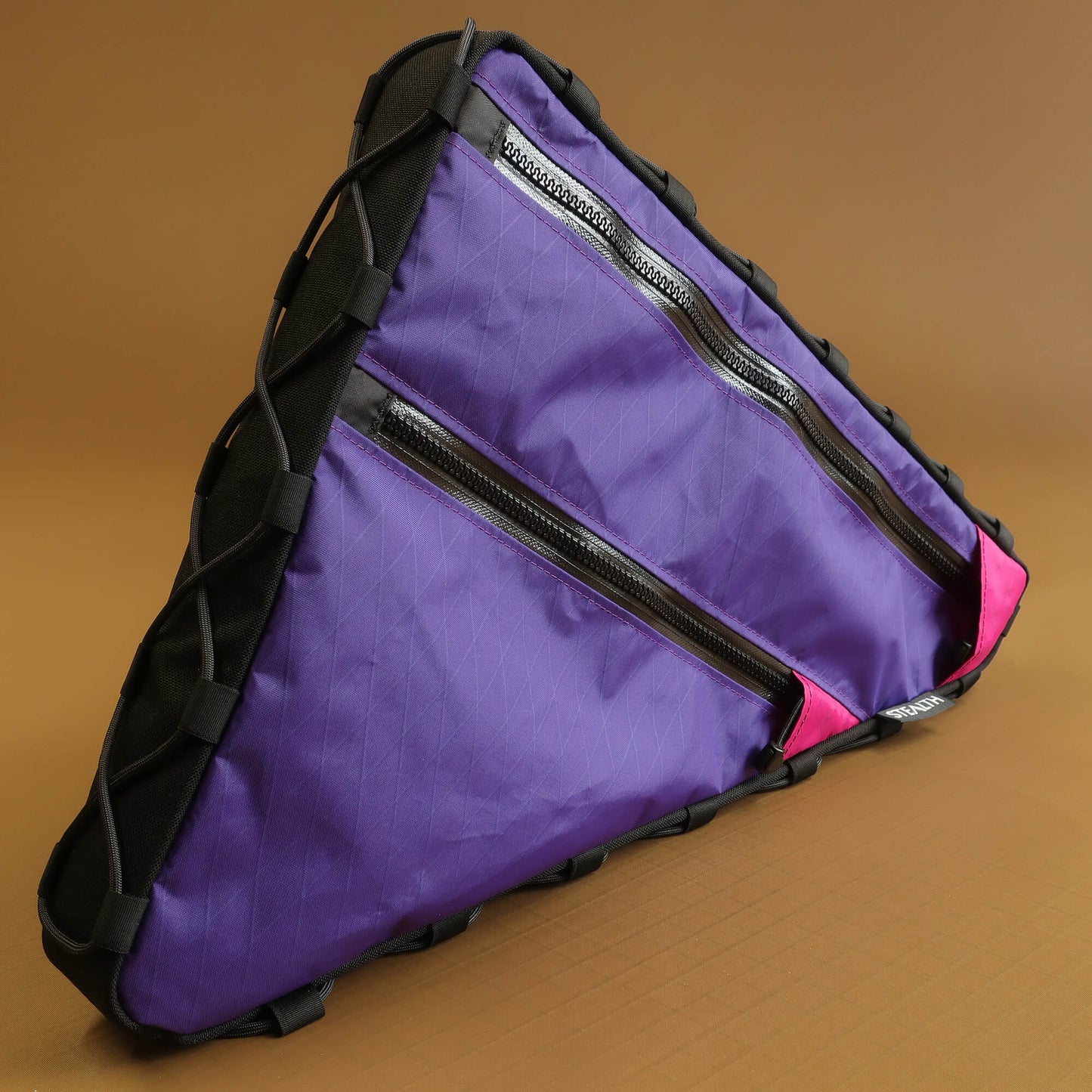 Lace up custom double zip frame bag in Purple X-Pac